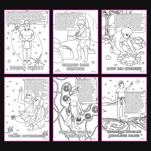 Brilliant Minds Colouring In Series cover: Ancient African and Aboriginal Australian Knowledge Keepers, all six printable A4 pages