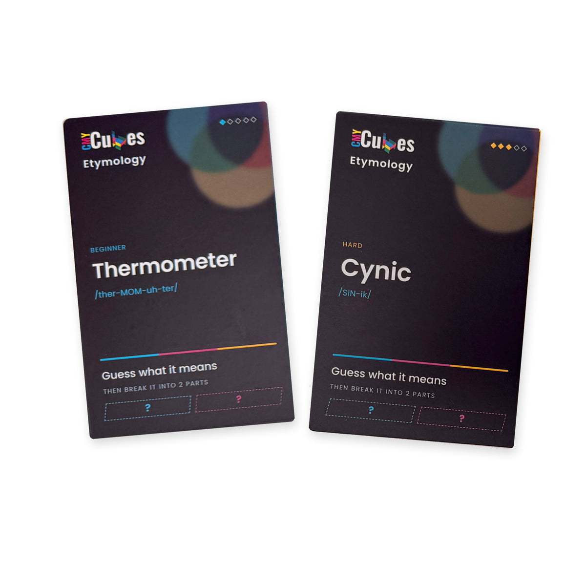 Two Etymology word challenge cards, Thermometer and Cynic