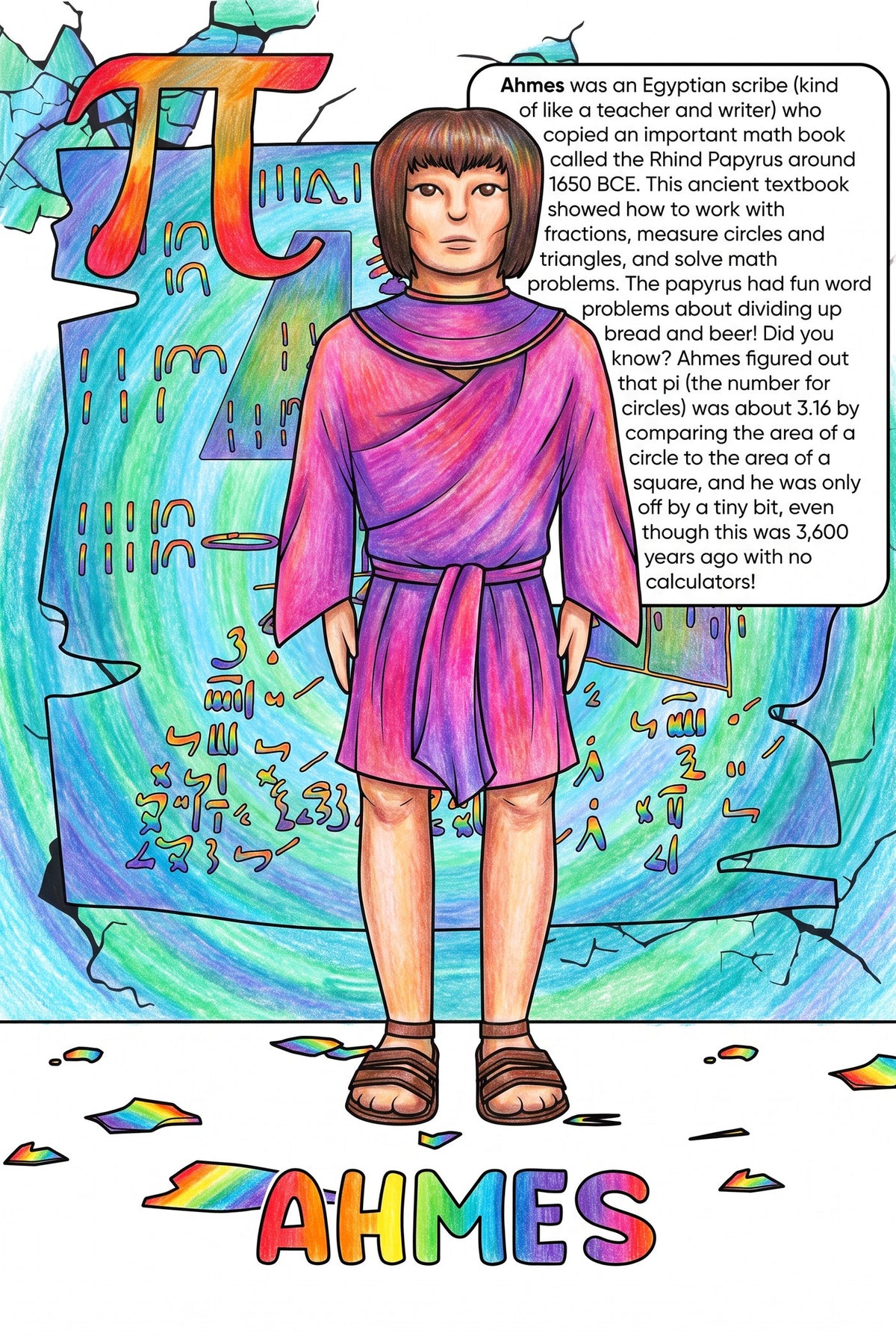 Ahmes and the Rhind Papyrus colouring page from the Brilliant Minds Ancient Egyptian Pioneers book, shown coloured in