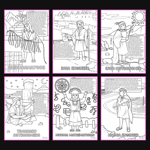 Brilliant Minds Colouring In Series cover: Ancient Americas Engineers, all six printable A4 pages